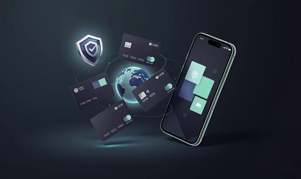 Carte bancaire et formulaire d'auto-certification de résidence fiscale posés sur un bureau, illustrant l'ouverture d'un compte pour non-résident