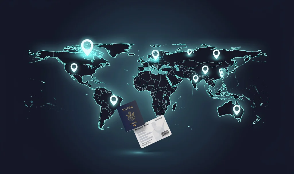 Carte du monde stylisée avec passeport et documents fiscaux, illustrant l'établissement d'une résidence fiscale à l'étranger